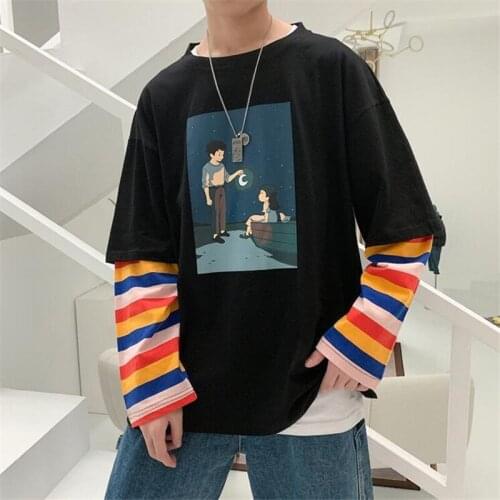 Mens fake two-piece Men Printed Streetwear female students Korean loose trendy Harajuku Gray Letter New T-shirts Spring Tops