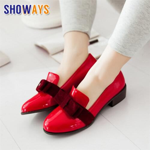 British Women Bowtie Loafers Red Black Patent Leather Medium Square Heel Round Toe Casual Office Ladies Slip-on Bowtie Moccasins