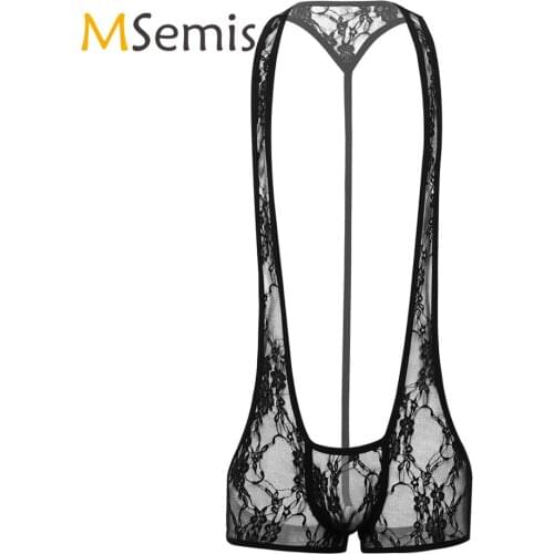 Mens One-piece See Through Sheer Lace Racer Back Front Bulge Pouch Open Butt Leotard Bodysuit Wrestling Singlet Underwear