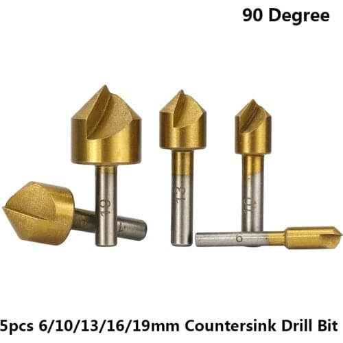 5pcs 90 Degree 6/10/13/16/19mm Countersink Drill Bit Set Carbon Steel Round Shank 1 Flute Drill Bit Wood Chamfering Cutter