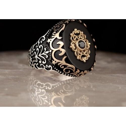Natural Onyx Stone 925 Silver Engraved Traditional Ring Handmade Turkish Signet Rings Rock Jewelry Gift for Women Men