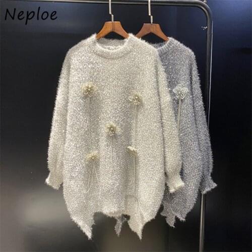 Neploe Design Sense Bright Silk Fairy Sweater Women Stylish Loose O-neck Knitted Pullovers Female Autumn Mid-length Knit Tops