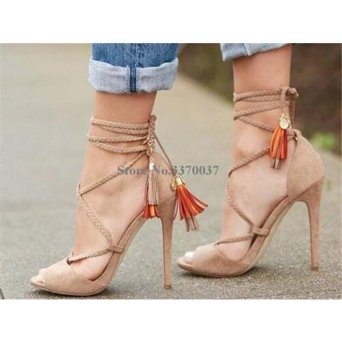 Hot Selling Women Summer Fashion Open Toe Suede Leather Tassels Gladiator Sandals Cut-out Lace-up High Heel Sandals Dress Shoes