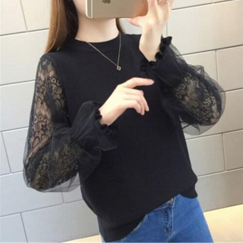 Long Sleeve O-Neck Sweaters Female Knitted Sweater Pullover Womens Tops 2021 New Spring Autumn Korean Loose Lace Cutout