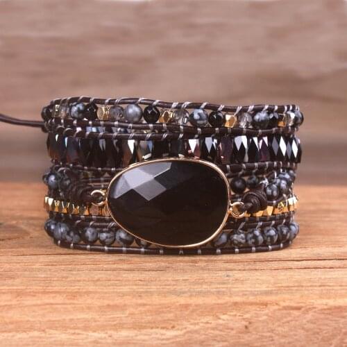 Vintage Leather Bracelets Natural Stone 5 Strands Wrap Bracelets For Men And Women Multilayer Boho Bracelet Handmade Jewelry