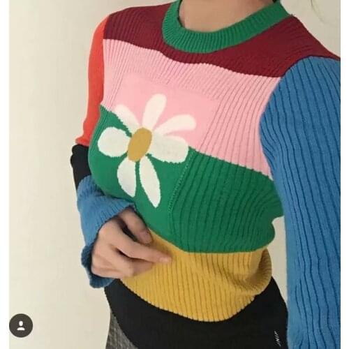 Yiallen Striped Knitted Sweater WomenColored daisies Autumn Flower Elastic Stretchy Sweater Cotton Tops Multicolor Winter 2021