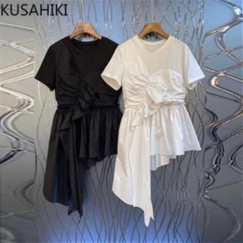 KUSAHIKI 2021 New Irregular Pleated Ruffle Patchwork Woman Tshirts Short Sleeve O-neck Graphic Tee Slim Waist Elegant Tops 6J310