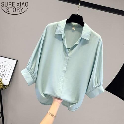 Women Blouses and Tops Vintage Half Sleeve White Shirt Women Turn Down-collar Button Up Solid 2021 Summer Chiffon Shirts 14623