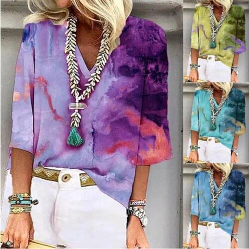 Autumn Print Loose Temperament Commuter Pullover V-Neck Ladies T-Shirt with Seven Minute Sleeves Women Clothing