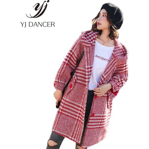 2019 Spring New Fashion Lattice Woolen Coat Long Sleeve Hooded Coat Long Loose Korean popular style Woman Wool Woolen Coat L290