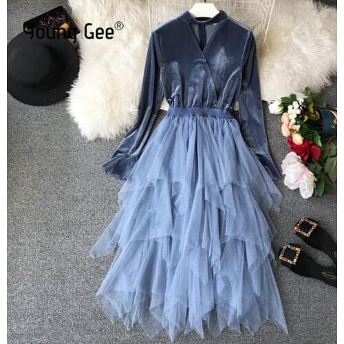 Young Gee Fall Winter Dress Women Vintage Velvet Elegant Sexy Bodycon Evening Party High Street Irregular Mesh Cake Dresses