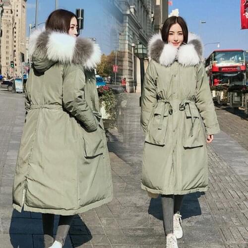 Plus size Womens winter white duck down coat raccoon fur collar thickening pregnant jacket X-long overcoat maternity outerwear