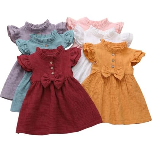 2020 Toddler Kids Baby Girls Summer Dresses Solid Linen Button Ruffle Short Sleeve Cute Bow Princess Party Dress