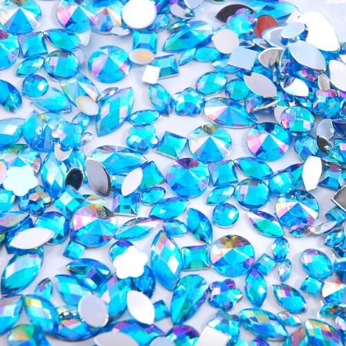 300Pcs/Bag Sky Blue Glitter AB Nail Art Crystal Acrylic Mixed Shape Rhinestones Flat Back Non Hotfix 3D Nail Decoration Stone