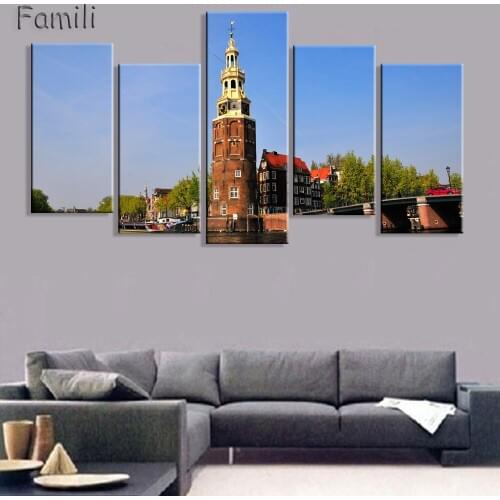 5 Pieces Netherlands Windmill Scenery Oil Painting Modern Home Wall Art Decoration Poster Living Room HD Prints Pictures/poster