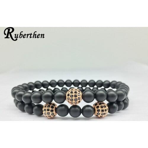 Ruberthen AAA Zircon Bead Charm Bracelet 6 mm Natural Matte Black Onyx Powerful Jewelry High Quality Birthday Gift Bracelet