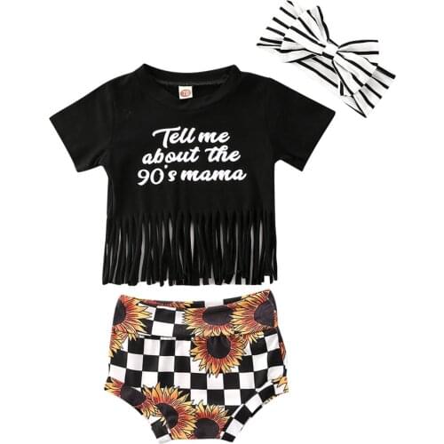 Newborn Infant Baby Girls Clothes Sets Letter Print Tassel T Shirts Tops Sunflower Shorts Headband Girls Clothing