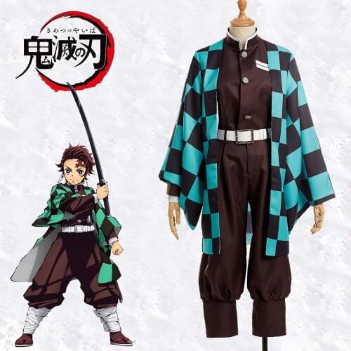 Anime Demon Slayer: Kimetsu No Yaiba Kamado Tanjirou Cosplay Costume Kimono Jacket Belt Coffee Turtleneck Uniform Shorts Stock