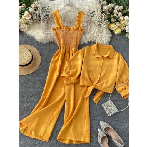 Summer Womens Two-piece New Sling Pleated Wide-leg Jumpsuit + Stand-up Collar Short-sleeved Cardigan Female Shirt LL025