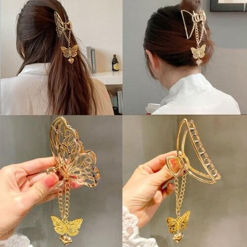 Fashion Butterfly Chain Pendant Hair Claws For Women Jewelry Korean Hollow Gold Color Geometry Hair Clips Girls Hair Accessories
