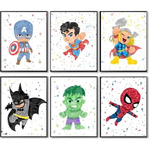 Cartoon Superheroes Canvas Painting Watercolor Iron Man Wall Art Posters and Prints Wall Art Picture for Bedroom Home Decoration