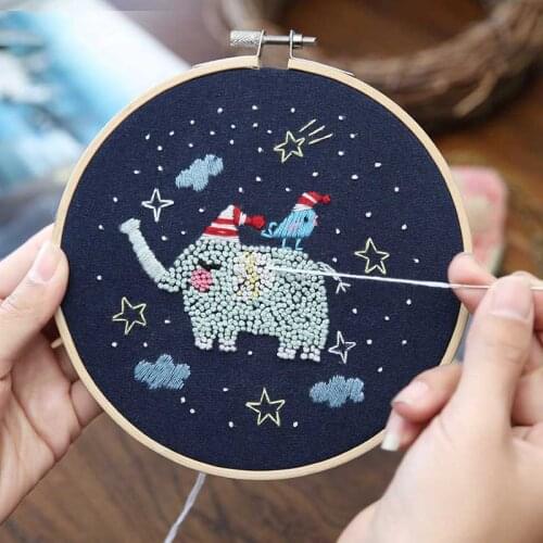 DIY Cartoon Animals Embroidery Kits Cross Stitch Sets 3D Needlework Flower Printed Canvas with Hoop for Beginner Swing Craft