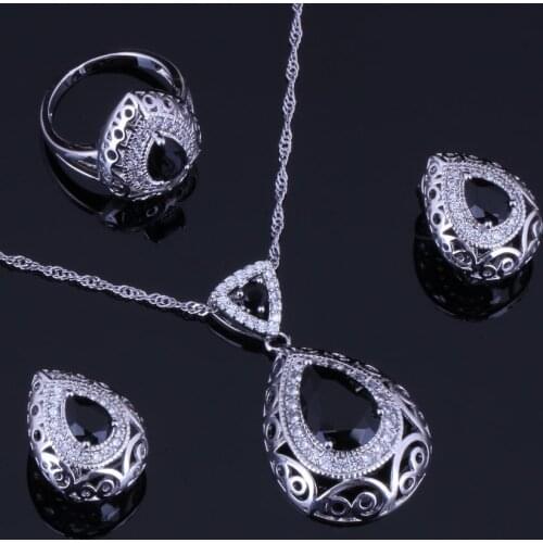 Water Drop Black Cubic Zirconia White CZ Silver Plated Jewelry Sets Earrings Pendant Chain Ring V0316