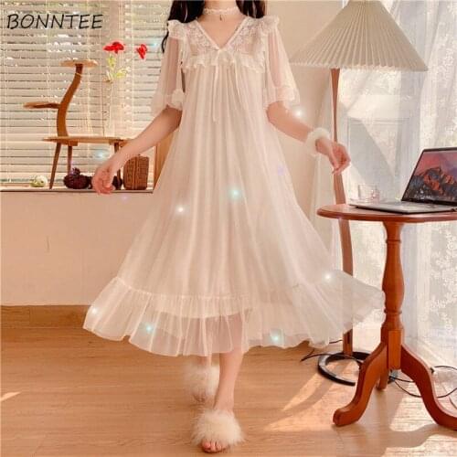 Nightgowns Women V-neck Temperament Stylish Femme Ruffles Chic Lovely Girls Summer Solid Sleepwear Thin Popular Korean Aesthetic