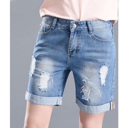 New Women Summer Blue Denim Shorts Lady Ripped Hole Jean Shorts Fashion Casual Loose Fit Shorts Female Plus Size Streetwear