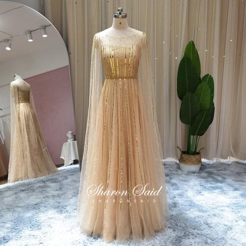 Luxury Gold Dubai Evening Dress with Cape Sleeve Silver Beading Arabic Women Special Occasion Dresses for Wedding Party Gowns