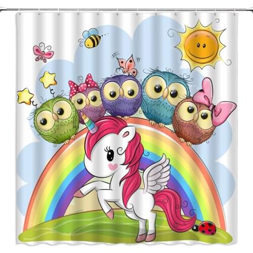 Unicorn Shower Curtains Kids Cartoon Mythical Animal Rainbow Owl Butterfly Child Bathroom Decor Durable Waterproof Cloth Curtain