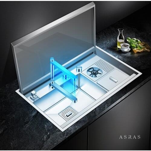 Asras 8250X/8250G High-quality Handmade Kitchen Sink Stainless Steel Hidden Sink With Intelligent Flip Cover And Lifting Faucet