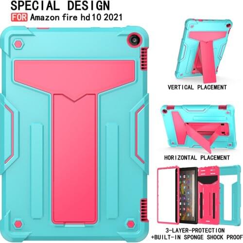 For New Kindle Fire HD 10 Plus 2021 Case,Three Layer Hybrid Heavy Duty Shockproof Dropproof Build-in Kickstand Protective Cover