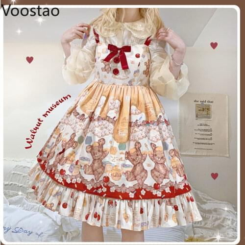 Japanese Sweet Lolita Jsk Dress Women Cute Cartoon Honey Bear Sleeveless Slip Dress Girly Gothic Kawaii Bow Tea Party Dresses
