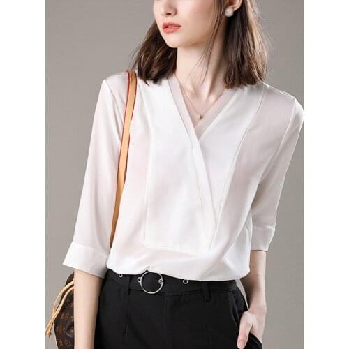 Mulberry silk shirt womens white high-end short-sleeved 2021 new 100 v-neck half-sleeved sSilkl Tops blouse