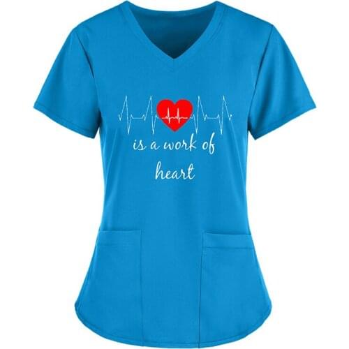 S-5XL 17Styles Heart Letter Print Short Sleeve V-neck Pocket Protective Clothing Soft Nurse Working Uniform Tops