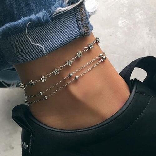Bohemian Anklet Women Love Pendant Leg Bracelet Flowers Beaded Ankle Bracelet Beach Alloy Foot Jewelry Accessories 2 Pieces