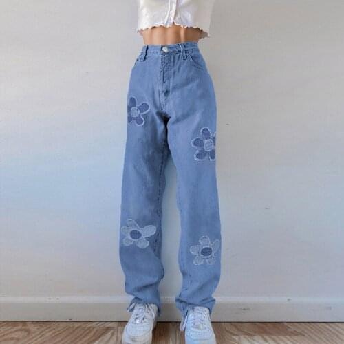 Women Straight-leg Jeans Trousers Street Style Loose Flower Pattern Ripped High Waist Denim Pants Fashion 2021 Y2K Bottoms