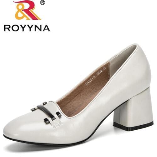 ROYYNA 2020 New Designers Fashion Buckle Shiny Microfiber Block Chunky High Heels Shoes Woman Round Toe Pumps Zapato Mujer Comfy