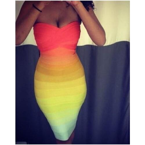 Sexy rainbow strapless off shoulder bandage dress sexy knitted elastic womens colorful ombre party dress bandage vestidos