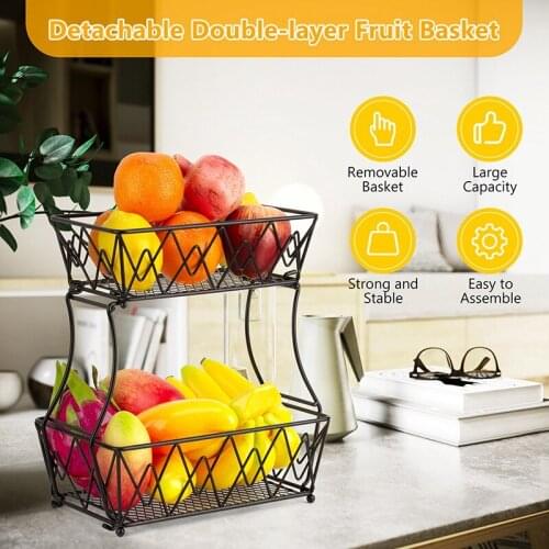 2 Tier Fruit Basket Detachable Bread Display Stand Storage Holder Kitchen Vegetable Drain Rack Wrought Iron Fruit Basket