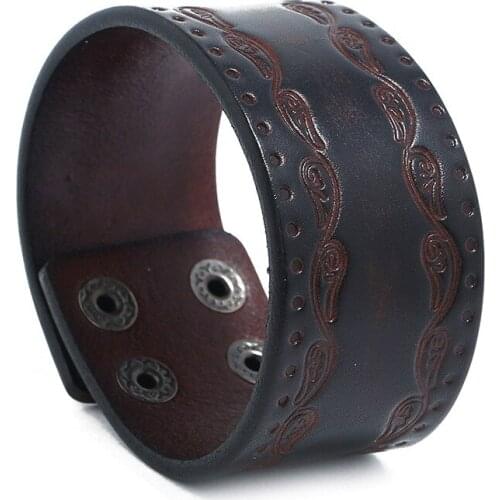 Retro Vintage Wrap Printing Pattern Snap Button Wide Dark Brown Genuine Leather Bracelet Women Men Bangle Homme Male Jewelry