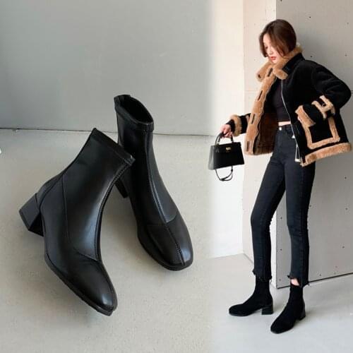 Quality Suede Leather Ankle Boots For Women Comfy Low Heels Black Sock Boots Womens Shoes Autumn Slim Short Boots Shoes Woman 9