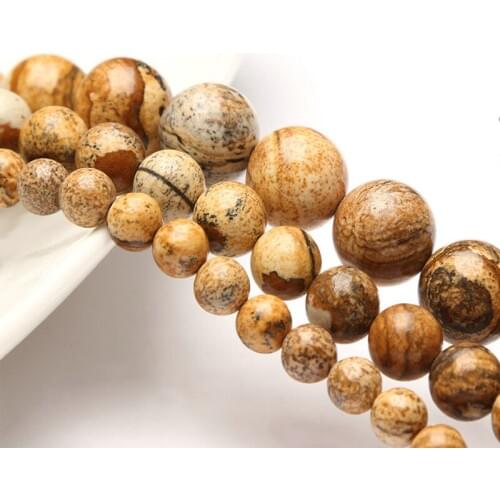 Round Natural Stone Beads 4/6/8/10/12/14mm Brown Picture Stone Beads Strand 15"/ DIY For Jewelry Making Bracelet Necklaces Gifts