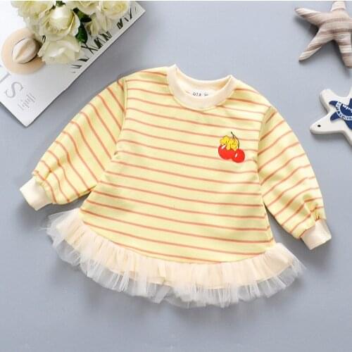 Fashion Kids Clothes Girls Long Sleeves Autumn Winter Tops Cartoon Striped Mesh Splicing Princess T-shirt Children Outfits 1-4Y