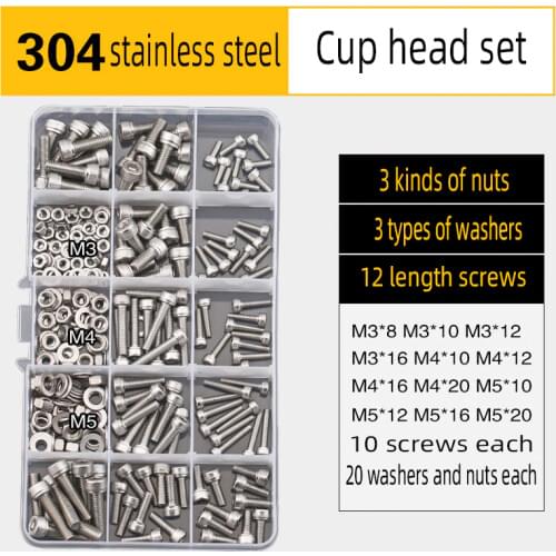 304 Stainless Steel Screw Nut Set Combination Boxed Household Flat Head Round Decoration and Repair Screws M3M4M5
