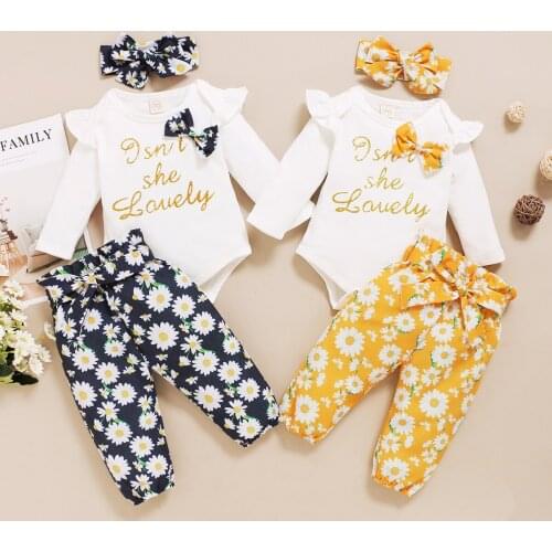 New 3 PCS Little girl Fall clothes, Long Sleeve Romper, Daisy print Pants, Bow Hair Band Set