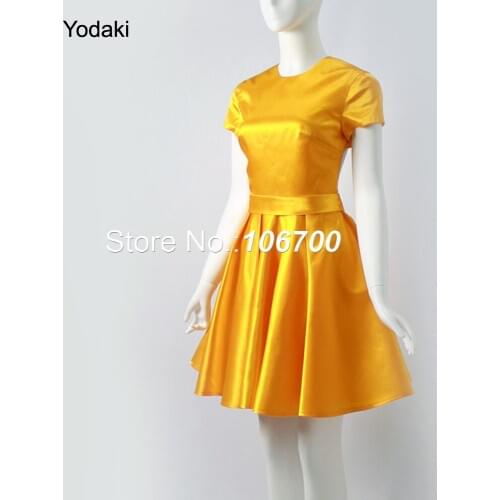 New Custom Short Sleeve Homecoming Dresses A Line Open Back Pleat Waist High Neck Yellow Party Dress JB808