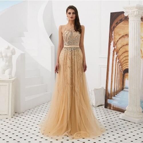 Prom dresses 2019 A-line Boat Neck Long Rhinestone Sequins Sexy Illusion Gold Pageant Dresses Prom Party Gowns robe de soiree