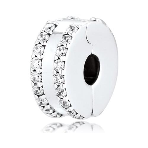 Fits for Pandora Charms Bracelets Double Lined Pave Clip Beads 100% 925 Sterling Silver Jewelry Free Shipping